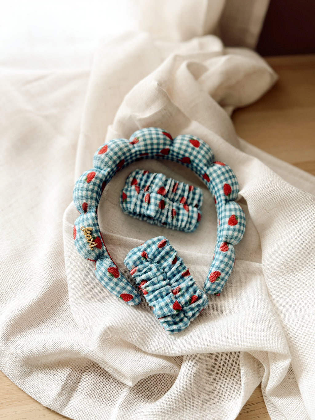 Blue Gingham and Strawberry GRWM Headband and Wristband Set