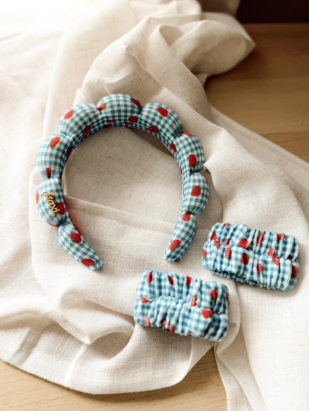 Blue Gingham and Strawberry GRWM Headband and Wristband Set