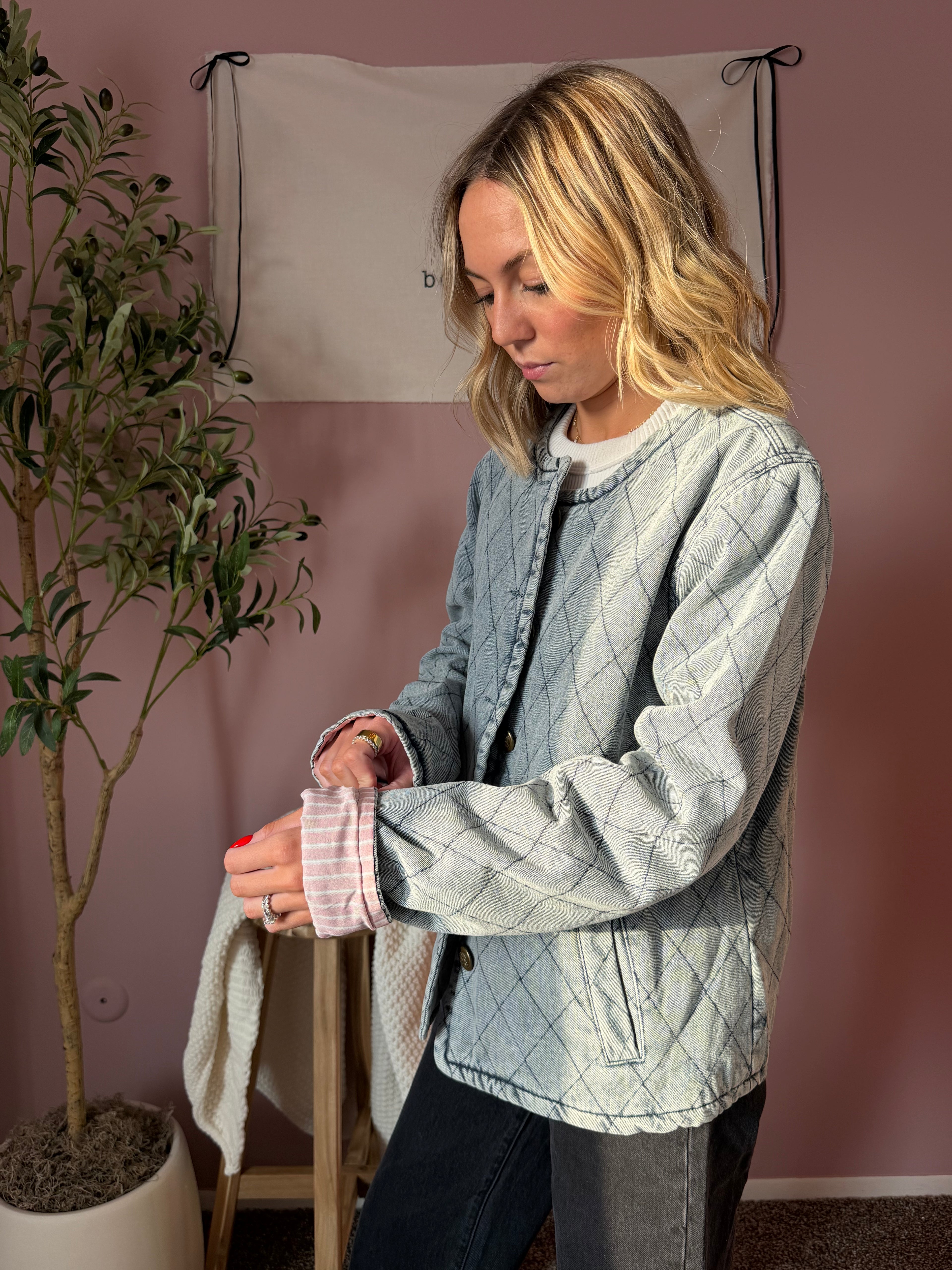 Rose Lined Denim Quilted Jacket