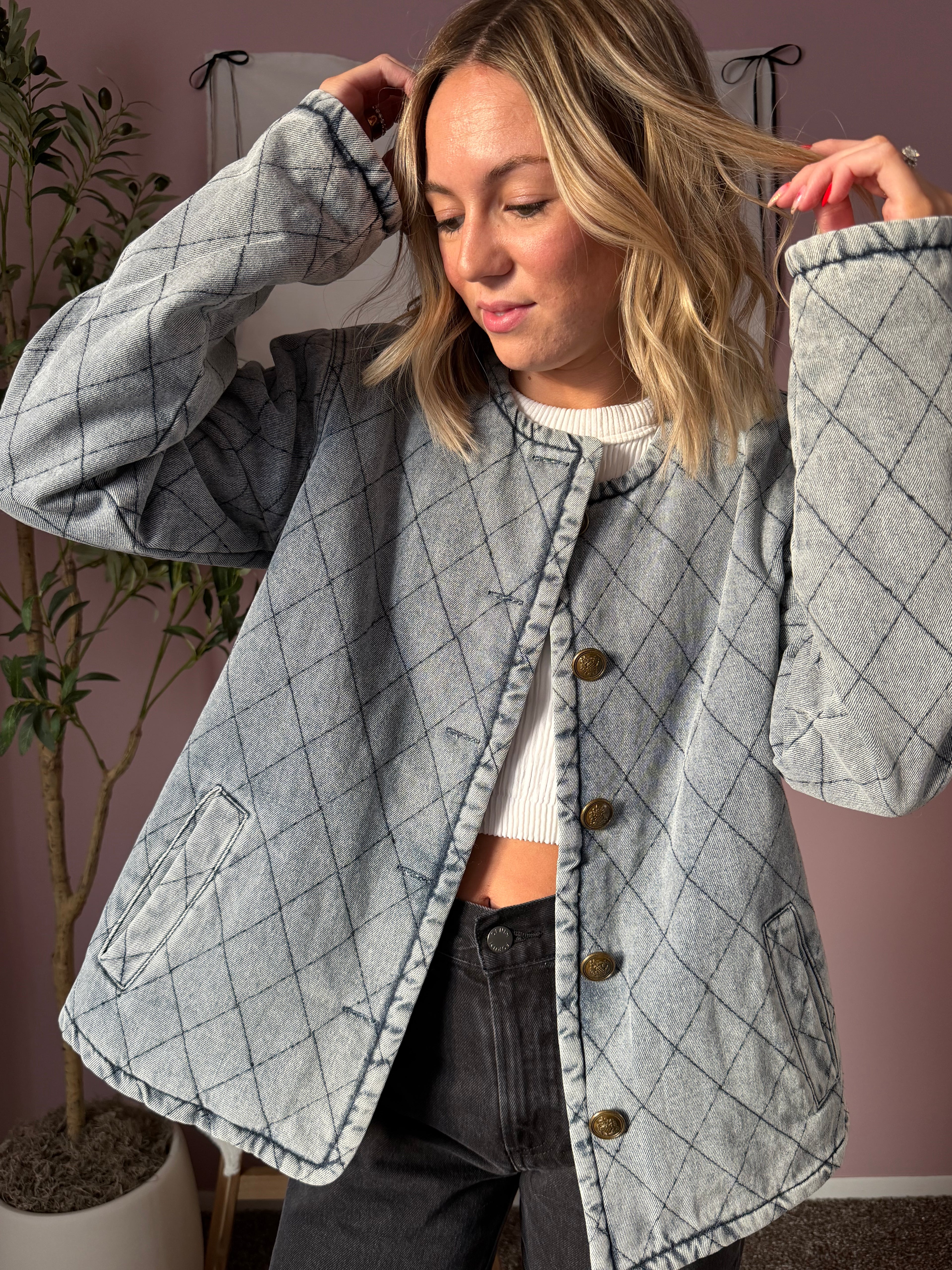 Rose Lined Denim Quilted Jacket